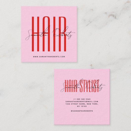 Kapsalon moderne typografie script roze rood vierkante visitekaartje (Voorkant / Achterkant)