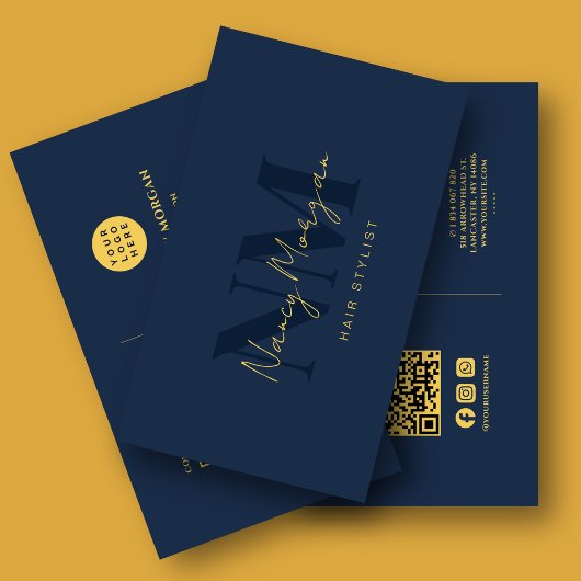 Kapsalon Navy Blauwe Gouden Monogram QR Code Logo Visitekaartje
