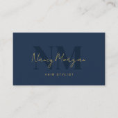 Kapsalon Navy Blauwe Gouden Monogram QR Code Logo Visitekaartje (Voorkant)
