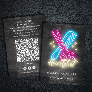 Kapsalon Neon Glow & Black Grunge QR-code Visitekaartje