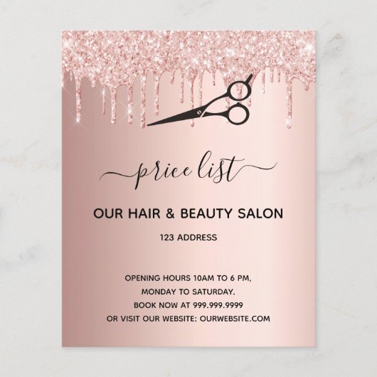 Kapsalon roze goud glitters prijzenlijst flyer (Voorkant)