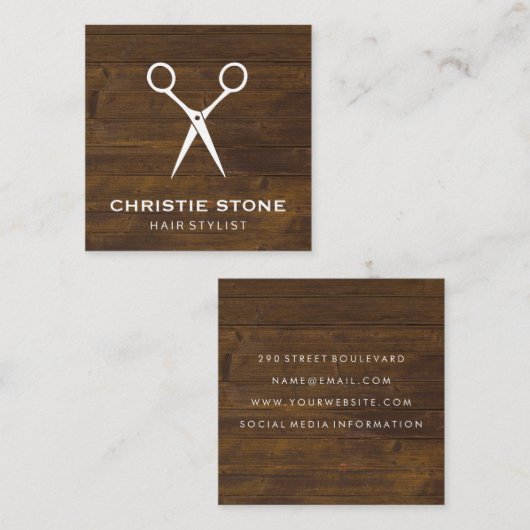 Kapsalon Scharen Rustiek Hout Vierkante Visitekaartje (Voorkant / Achterkant)