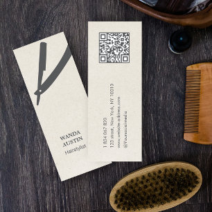 Kapsalon Scheermes Beige Rustiek Kraft QR Code Mini Visitekaartje