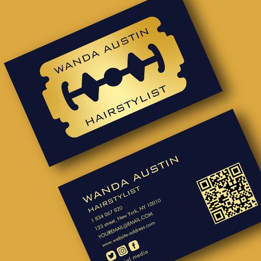 Kapsalon Scheermesje Navy En Goud Qr Code  Visitekaartje