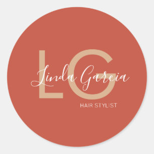 Kapsalon Verbrand Oranje Beige Monogram Ronde Sticker