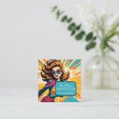 kapster Retro Pop Art Lady vrouw Wow Vierkante Visitekaartje (Staand voorkant)