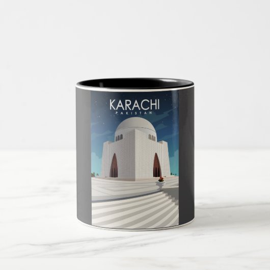 Karachi Pakistan  Minimal Retro Travel Post Tweekleurige Koffiemok (Center)
