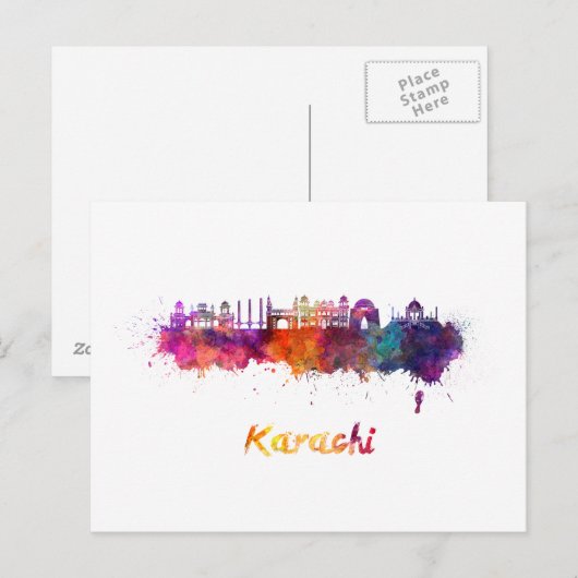 Karachi skyline in waterverf briefkaart (Voorkant / Achterkant)