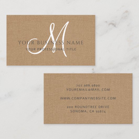 Karamel bruin linnen eenvoudig minimaal monogram visitekaartje (Voorkant / Achterkant)