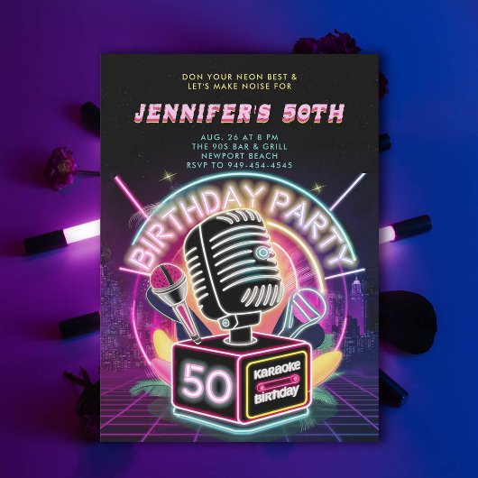 Karaoke 90s Neon Glow Millennial 50ste verjaardag Kaart