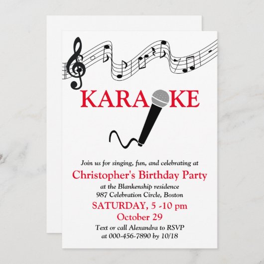 Karaoke Feest Muziek Schaal Microfoon Rood Kaart (Voorkant / Achterkant)