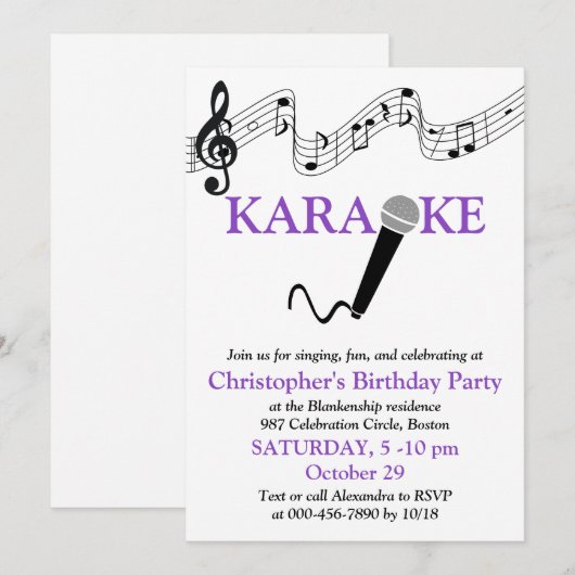 Karaoke Feest Muzikale Toonladder Microfoon Paars Kaart (Voorkant / Achterkant)