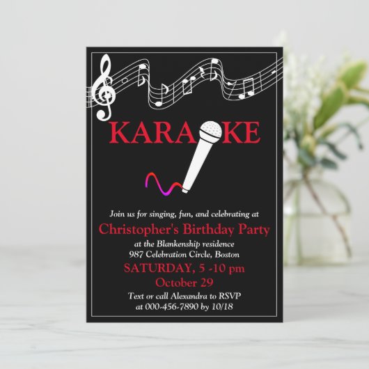 Karaoke Feest Muzikale Toonladder Microfoon Rood W Kaart (Staand voorkant)