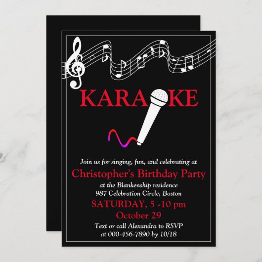 Karaoke Feest Muzikale Toonladder Microfoon Rood W Kaart (Voorkant / Achterkant)