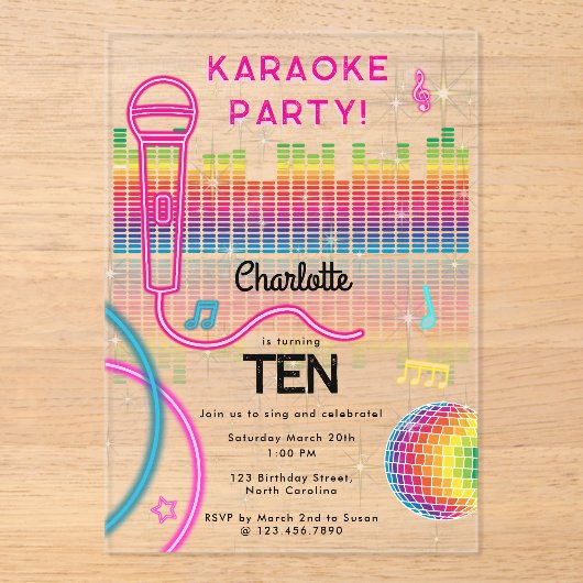 Karaoke Neon Glow Birthday Singing Music Party  Acryl Uitnodigingen (Voorkant)
