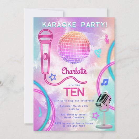 Karaoke Neon Glow  Tie Dye Birthday Party  Kaart (Voorkant)