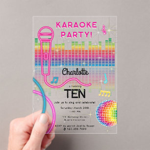 Karaoke Neon Glow Verjaardags Zang Muziek Feest  Acryl Uitnodigingen