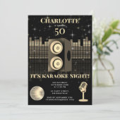 Karaoke Night Black Gold 50th Disco Birthday Party Kaart (Staand voorkant)