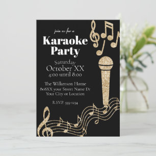 Karaoke Party Gold Glitter Muzieknoten op zwart Kaart
