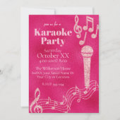 Karaoke Party Hot Pink Glitter Muzieknoten Kaart (Voorkant)