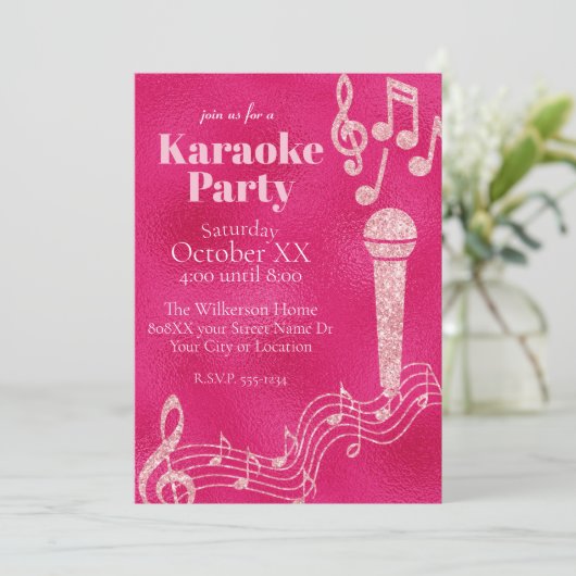 Karaoke Party Hot Pink Glitter Muzieknoten Kaart (Staand voorkant)