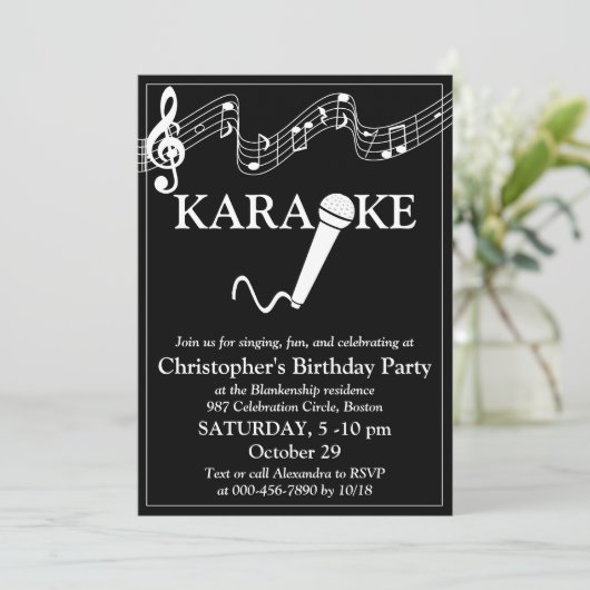 Karaoke Party Musical Scale Microphone Black White Kaart (Staand voorkant)