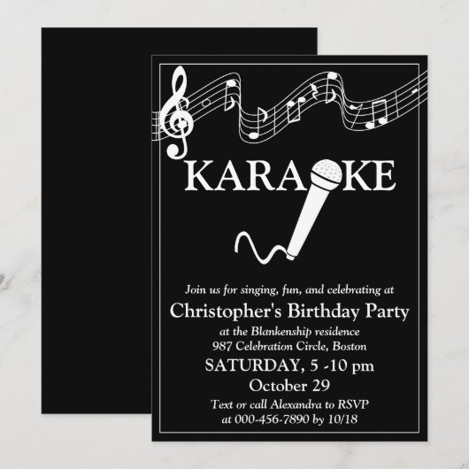 Karaoke Party Musical Scale Microphone Black White Kaart (Voorkant / Achterkant)