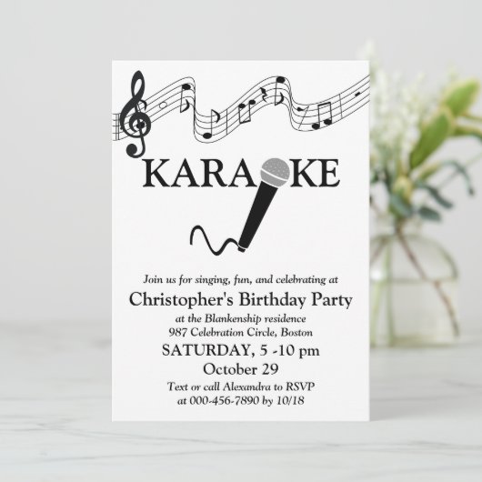 Karaoke Party Musical Scale Microphone Black White Kaart (Staand voorkant)