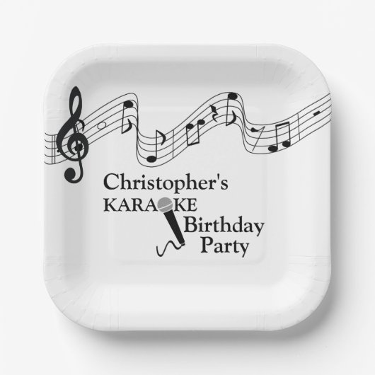 Karaoke Party Musical Scale Microphone Black White Papieren Bordje (Voorkant)