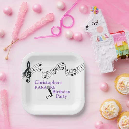 Karaoke Party Musical Scale Microphone Paars Papieren Bordje (Feest)