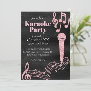 Karaoke Party Roze Glitter Muzieknoten op Zwart Kaart