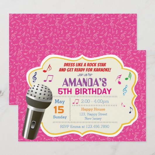 Karaoke verjaardagsuitnodiging kaart (Voorkant / Achterkant)