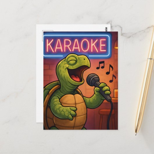 Karaoke zingende schildpad briefkaart (Voorkant / Achterkant in situ)