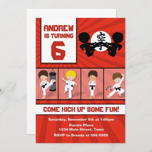 Karate Birthday Invitation 5x7 Karate Party Kaart (Voorkant / Achterkant)