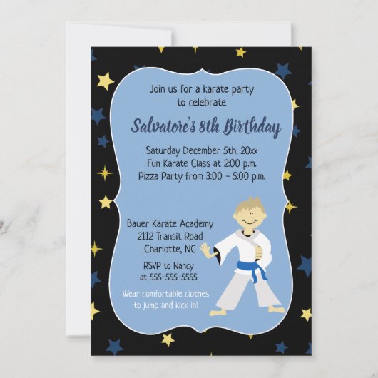 Karate Birthday Invitation Boy Blue Belt Kaart (Voorkant)