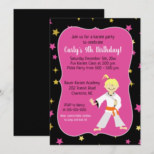 Karate Birthday Invitations Oranje Belt Girl Kaart (Voorkant / Achterkant)
