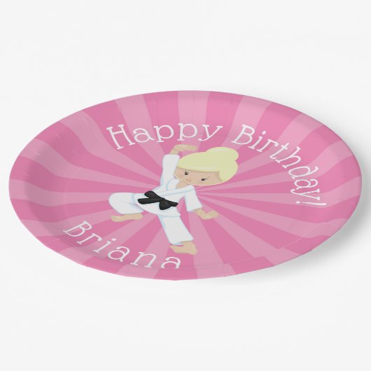 Karate Birthday Party Blonde Hair Girl Pink Papieren Bordje (Gekanteld)