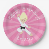 Karate Birthday Party Blonde Hair Girl Pink Papieren Bordje (Voorkant)