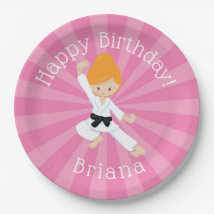 Karate Birthday Party Red Hair Girl roze Papieren Bordje