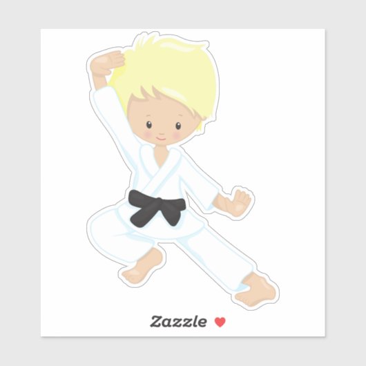 Karate Boy, Cute Boy, Black Belt, Blond haar Sticker (Vel)