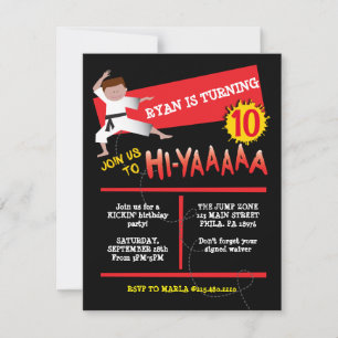 Karate Boy Kick Red Birthday Party Invitation Kaart