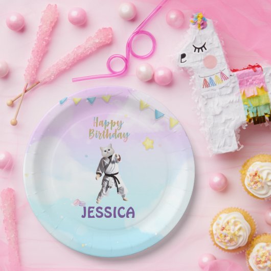 Karate Cat Birthday Party Girl Party Papieren Bordje (Feest)