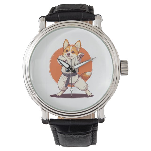 Karate Corgi � Vechtkunst Hond Horloge (Voorkant)