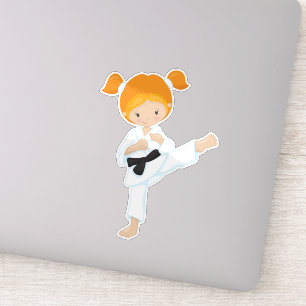 Karate Girl, Cute Girl, Black Belt, Oranje haarklo Sticker