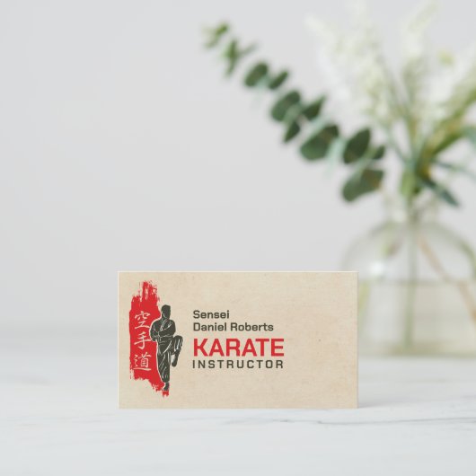 Karate instructeur - Kanji en karateka silhouet Visitekaartje (Staand voorkant)