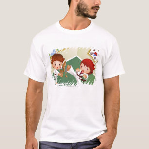 Karate jongen houdt hout vast met een ander brein t-shirt