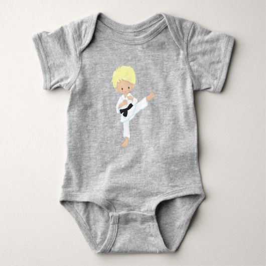 Karate Jongen, Schattige Jongen, Blond Haar, Zwart Romper (Voorkant)