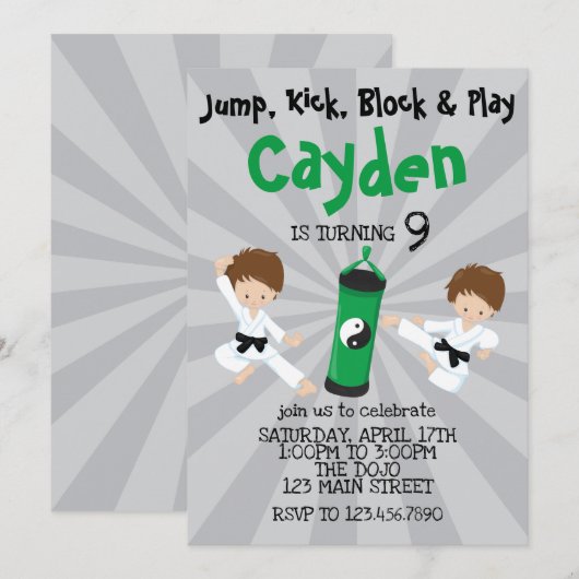 Karate Jongen Verjaardag Uitnodiging Groen (Voorkant / Achterkant)