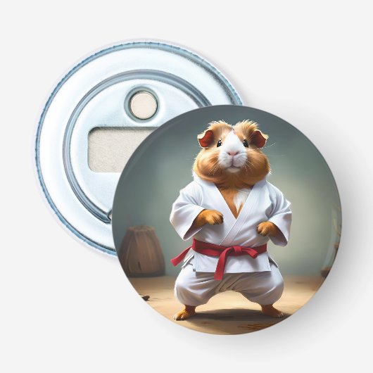 **"Karate Kampioen: De Onverschrokken Cavia"** Button Flesopener (Voorkant)
