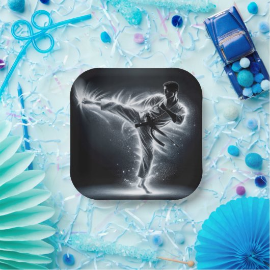 Karate Man met Neon Energy Light Trails Papieren Bordje (Feest)